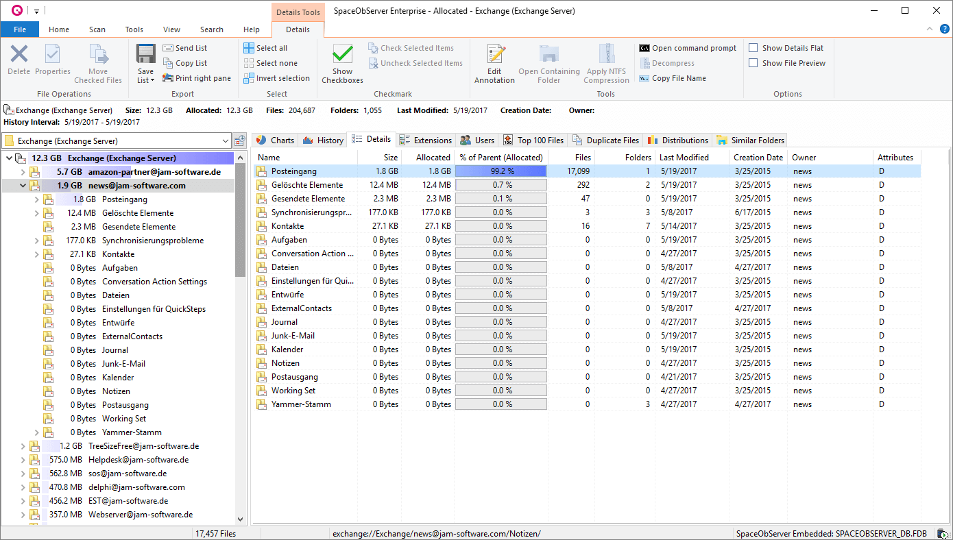 Screenshot SpaceObServer-Exchange-Mailbox