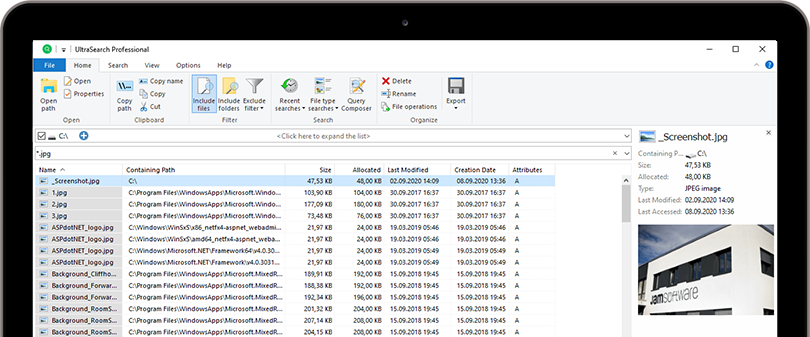 Startscreen of UltraSearch Professional