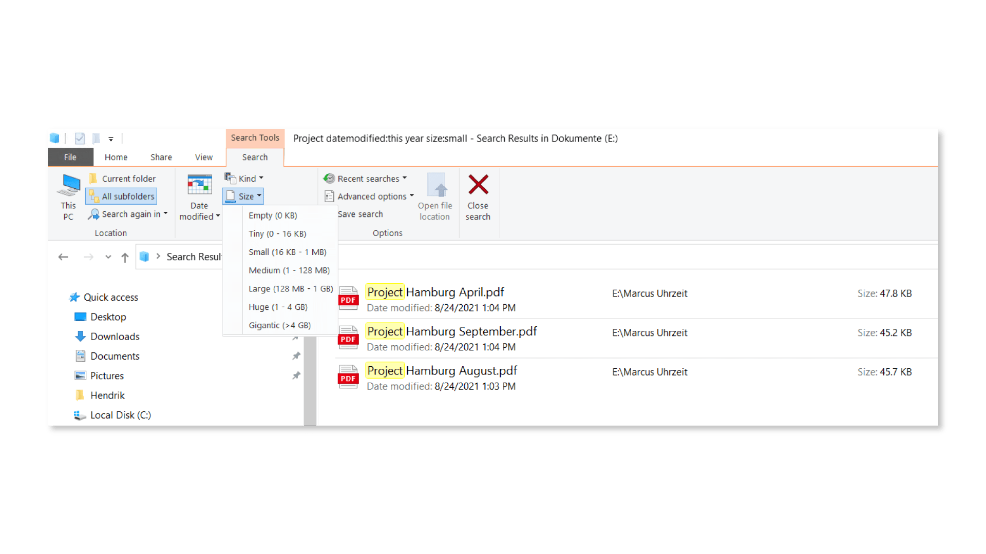 Windows 10 search with file size filters