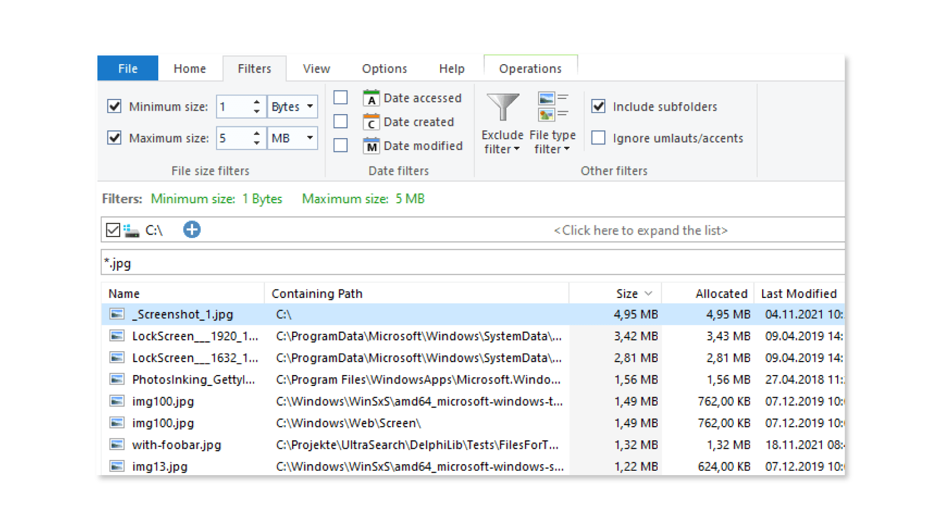 UltraSearch Professional file size filters