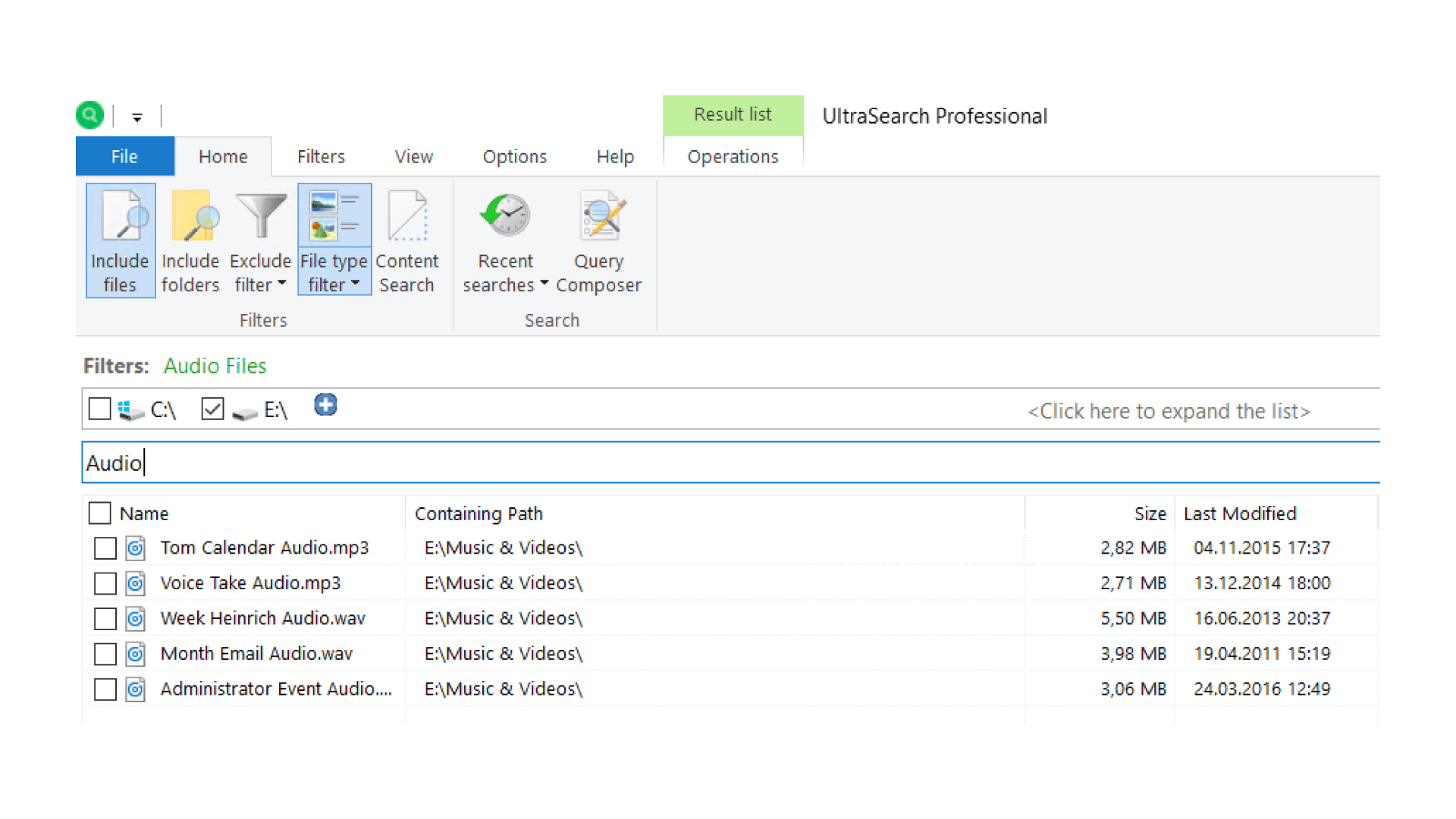 UltraSearch Professional file type filters
