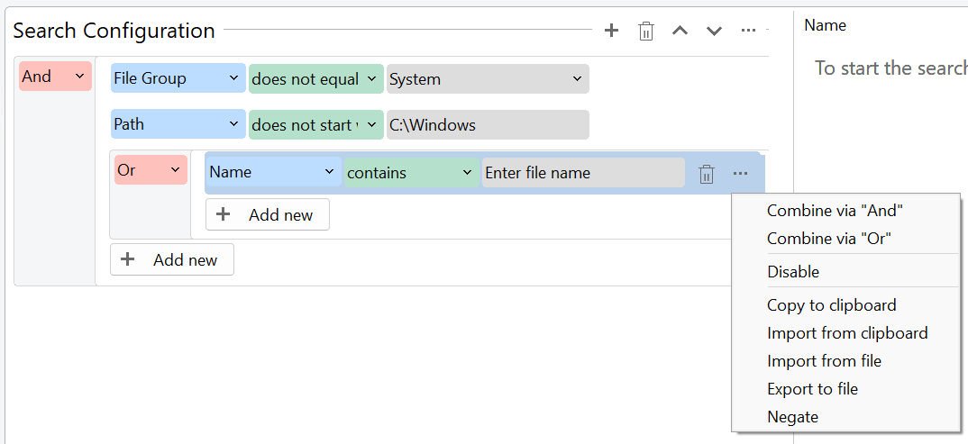 TreeSize edit search filters