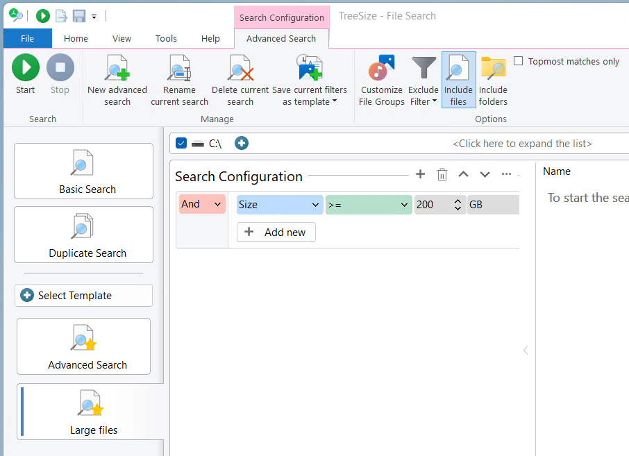 Looking for very large files with TreeSize