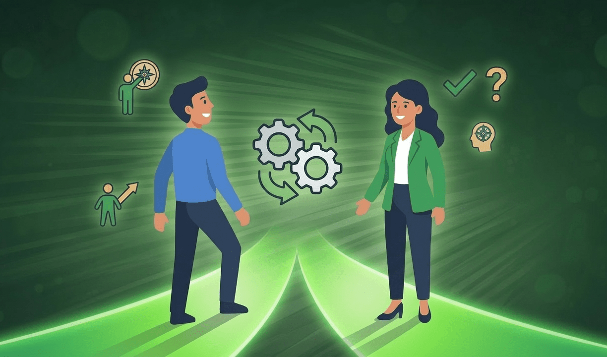 The applicant is talking with a recruiter.