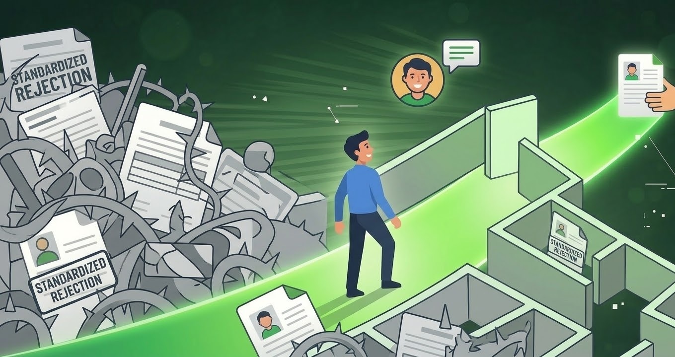 A man on his way to employment. He is inside of a labrinth with dead ends.