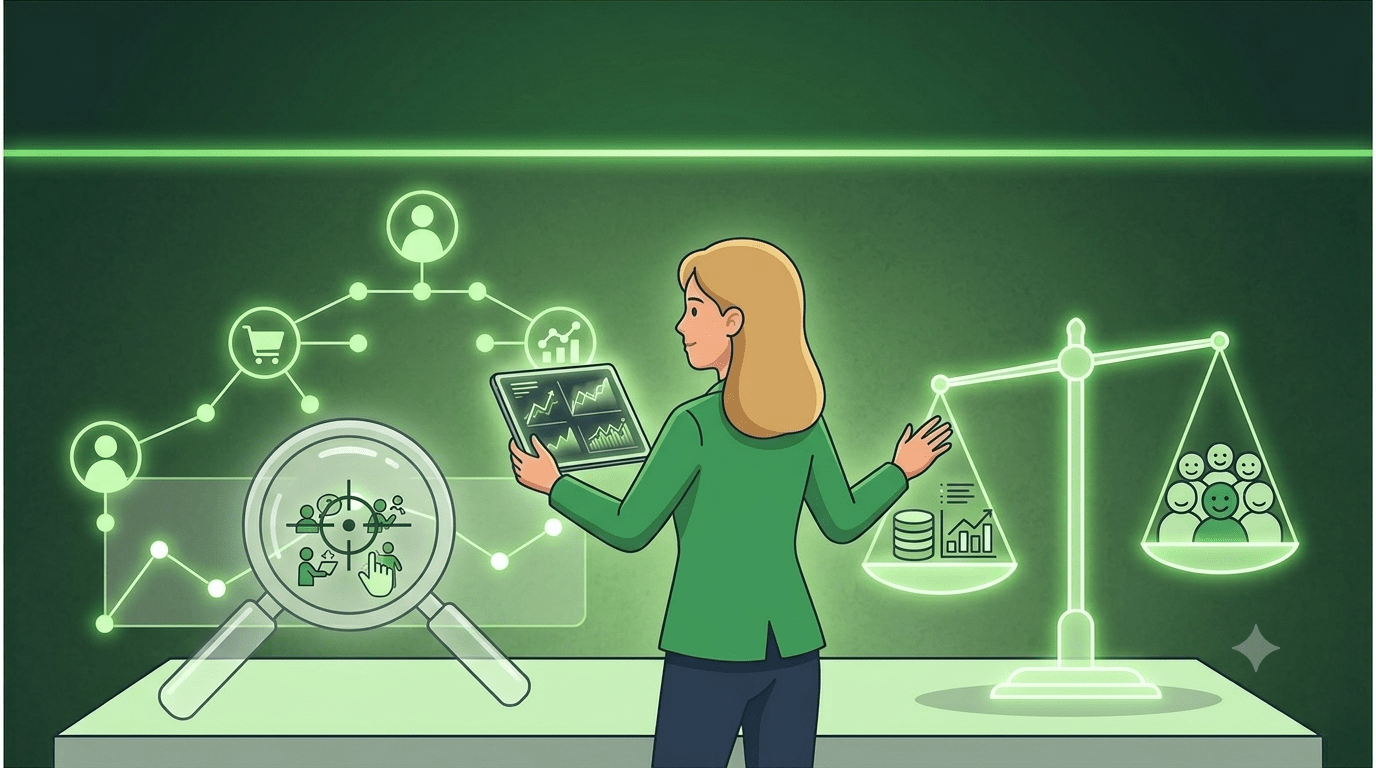 Back view of blond woman. She interacts with data: tablet, magnifying glass over user icons, and scales balancing data and people.