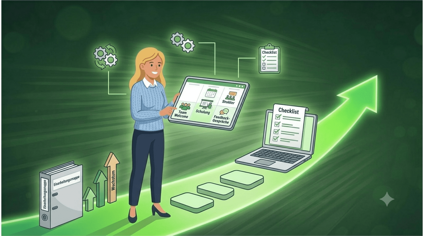 Blond woman on a green path, holding a tablet showing onboarding milestones.