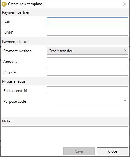 SEPA-Transfer form for creating new templates