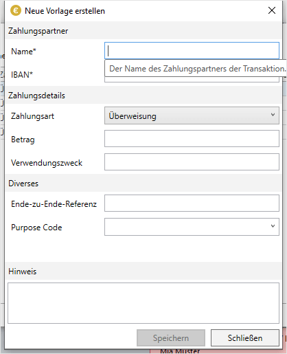 SEPA-Transfer form for creating new templates