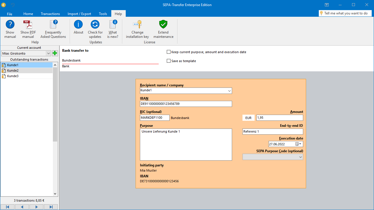 Screenshot SEPA-Transfer showing main form