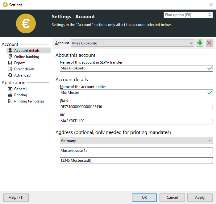 Screenshot SEPA-Transfer showing account details