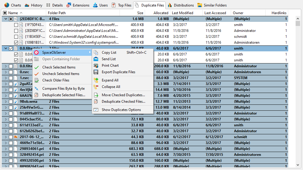 Screenshot SpaceObServer showing tab "Duplicate files"