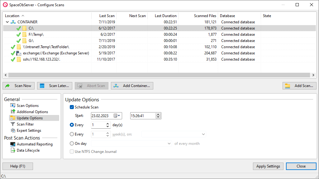Screenshot SpaceObServer showing scan configuration options