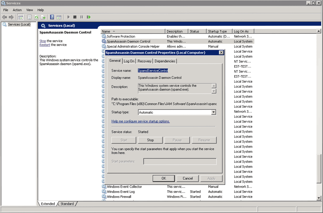Screenshot System service SpamAssassin in a Box