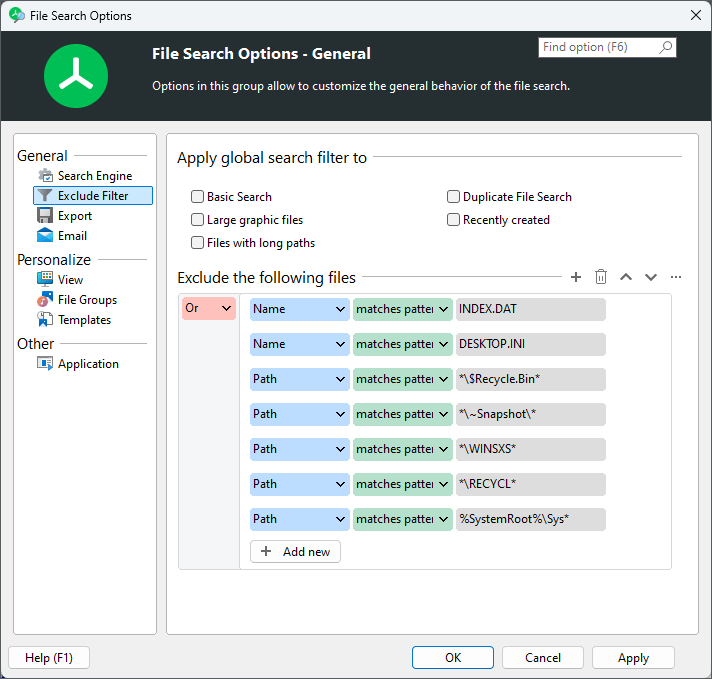 TreeSize search options with exclude filters