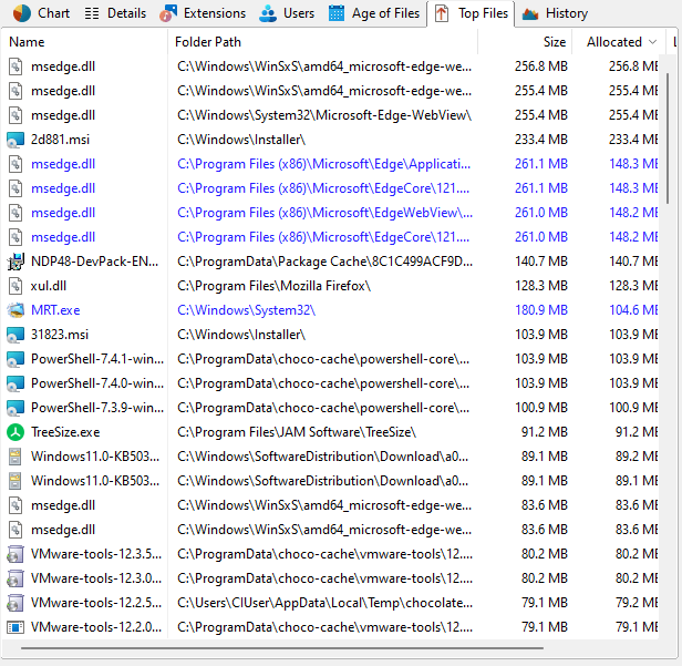 TreeSize top 100 files in the main window