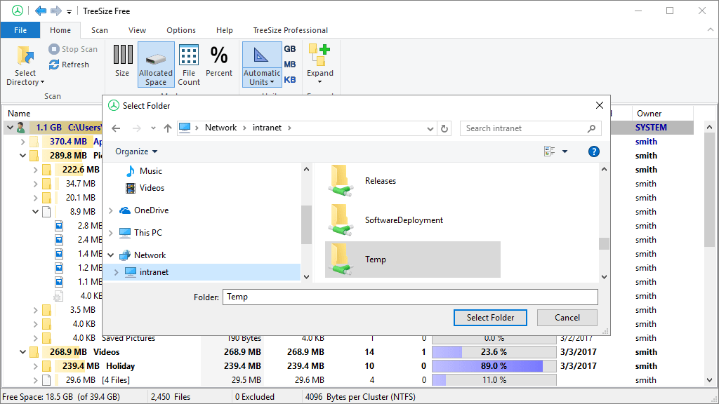 Screenshot TreeSize Free shows Scan of Network Drives