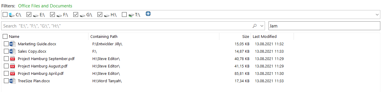 Filters for the content search of UltraSearch Professional