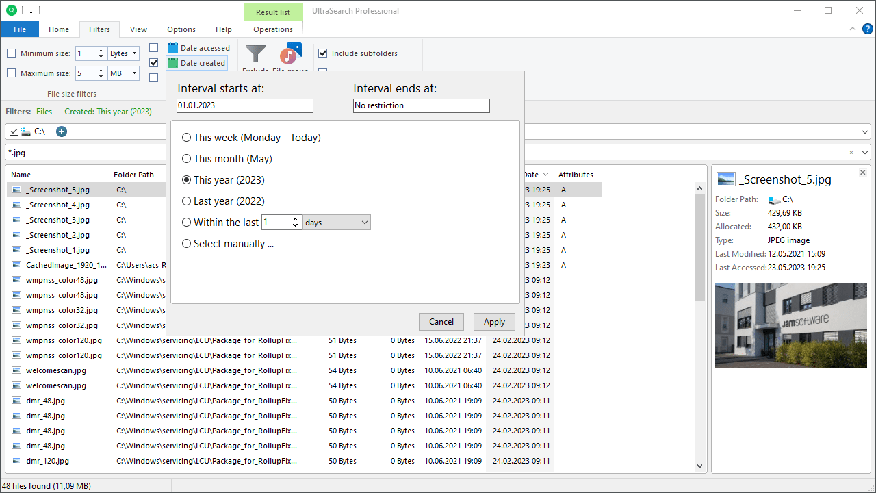 UltraSearch Professional date filters
