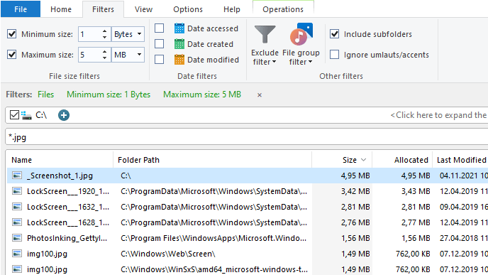 UltraSearch Professional size filters in detail