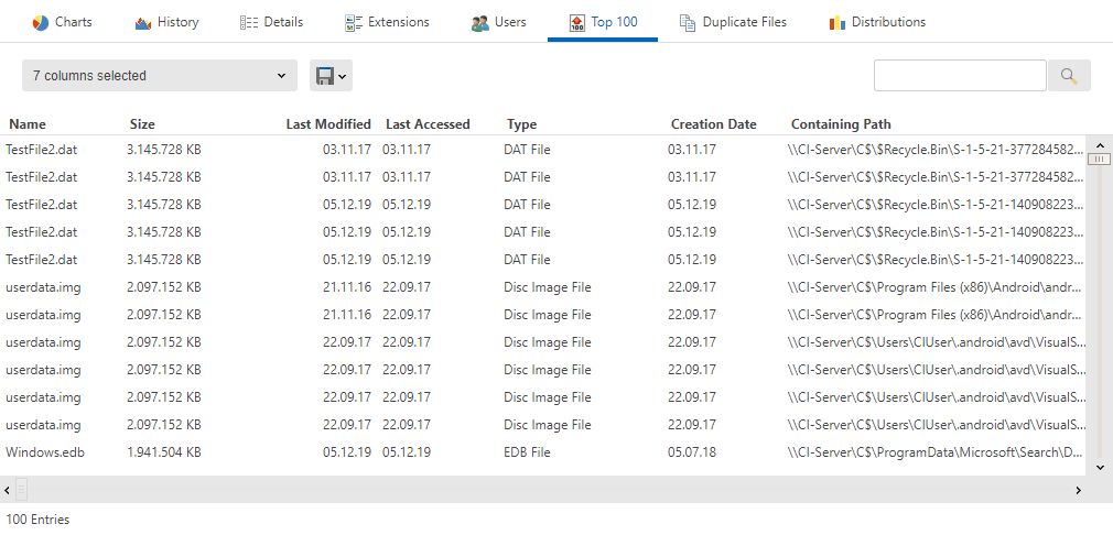Screenshot SpaceObServer Web Access showing tab top 100 files